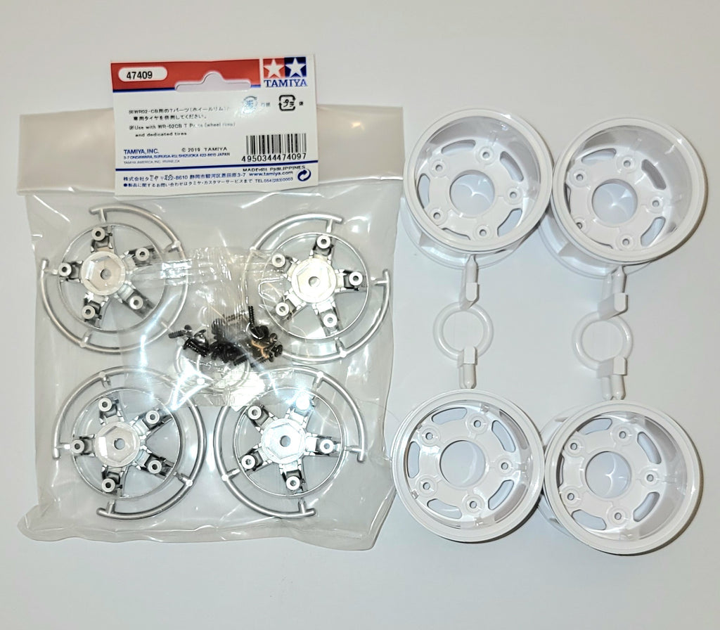 Tamiya Comical Frog Wheels – White with Chrome 12mm Beauty Rings (New)