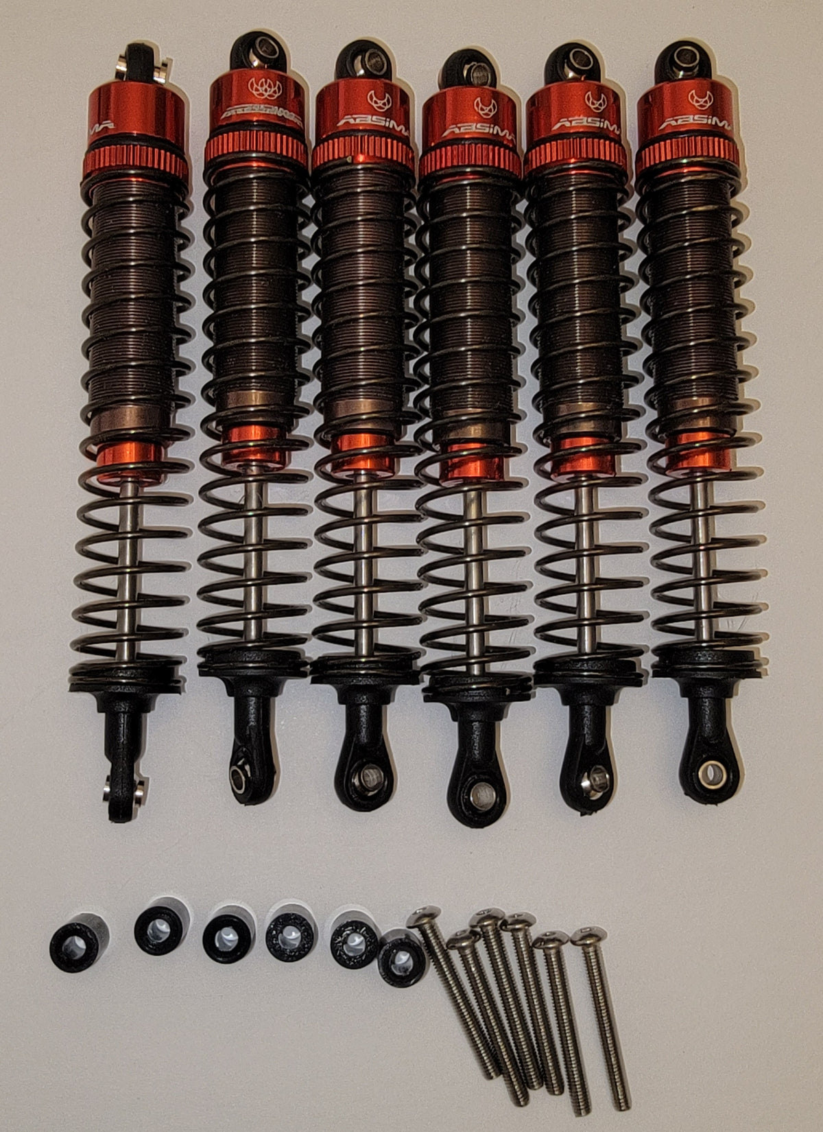 Tamiya Super Clodbuster Oil-Filled Shocks – Aluminum Set of 6 with Screws & Spacers (Used)